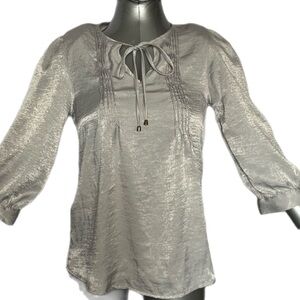 NEW with Tags NY Collection Blouse Silver Long Sleeve Gathered Front Size Small